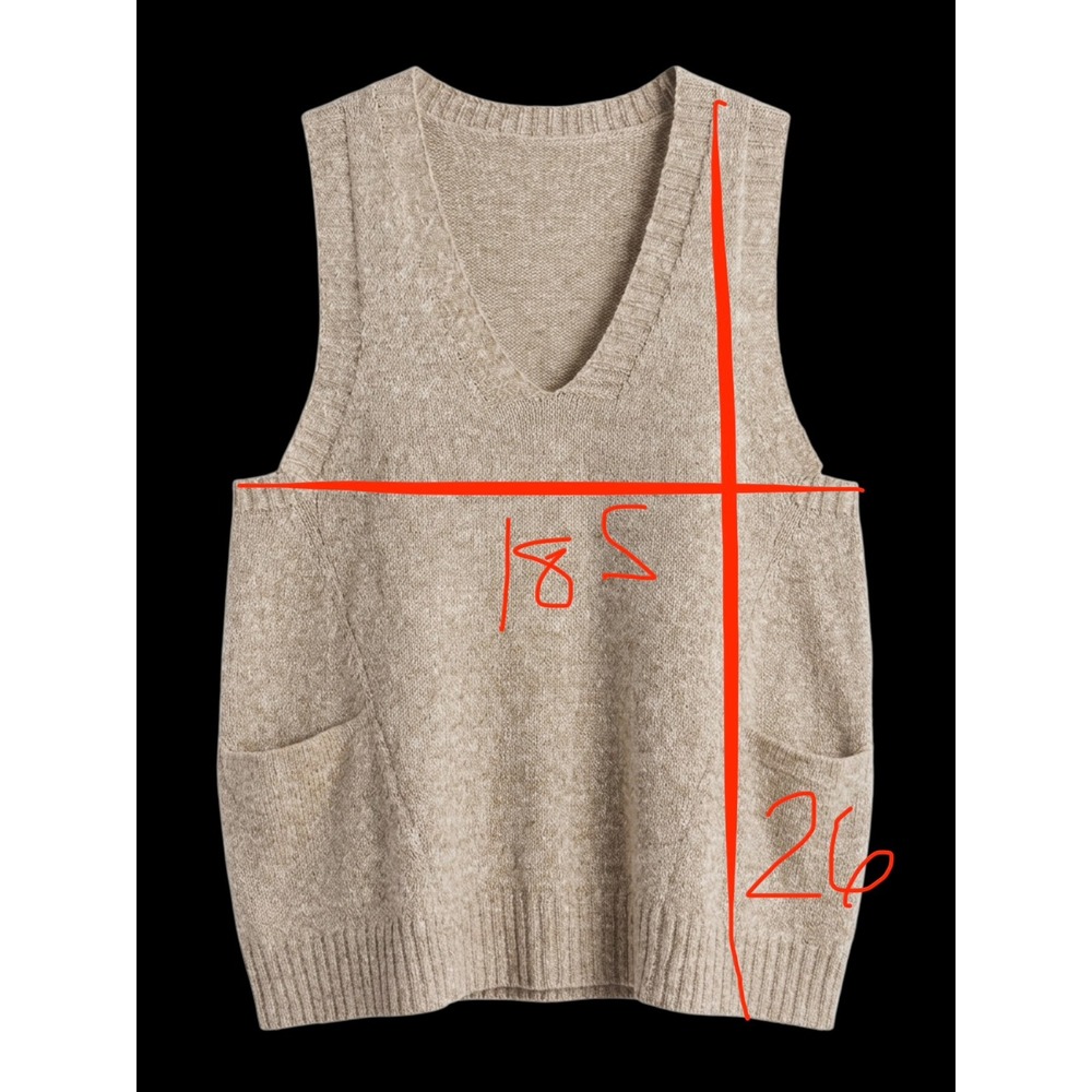 Tan Heathered Knit Sweater Vest with Pockets - V-Neck Boho - Picture 6 of 6